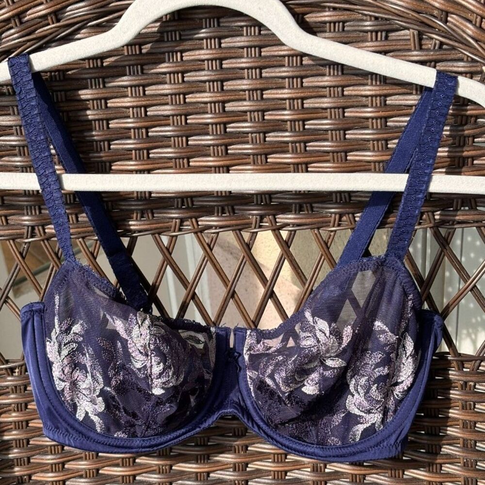 Wacoal Wild Seduction Bra 36D Navy Silver Embroidered Sheer Balconette 851242